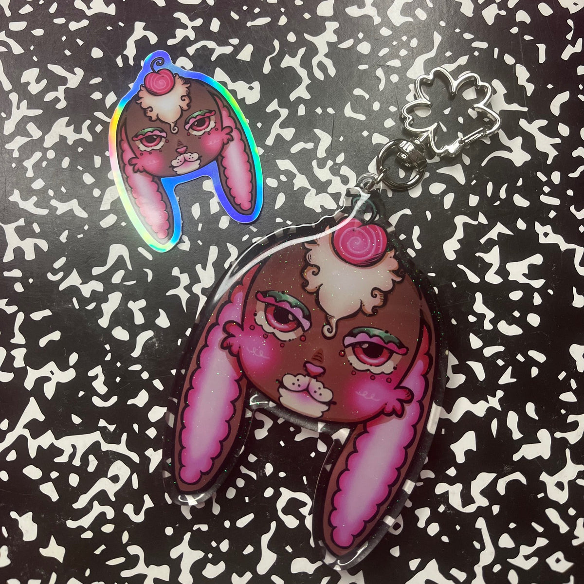 Cherry-on-top bunny keychain + sticker bundle